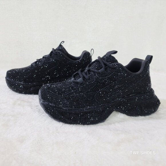 Cush Dazzle Sport Rhinestone Comfy Platform Light Weight Sneakers Black - Picture 1 of 7